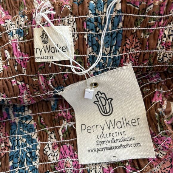 PERRY WALKER Grace Floral Print Smocked Dress O/S Brown Green Pink Smocked Boho - Picture 7 of 15